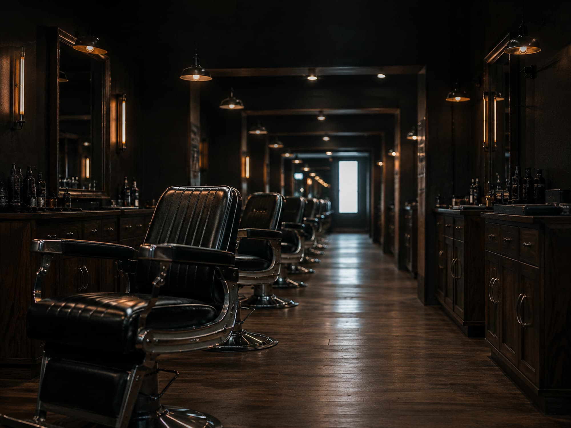 The row of chairs down the length of the shop, mirrors facing mirrors