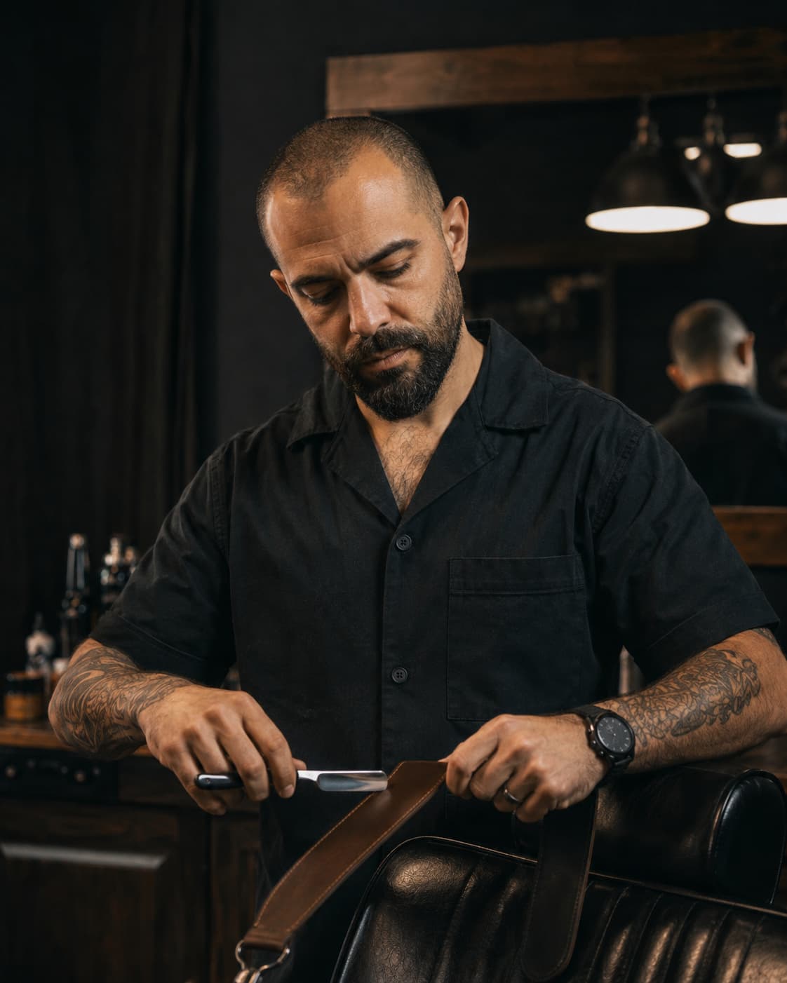 Portrait of Yusuf Amari, barber at Halftone, stropping a straight razor