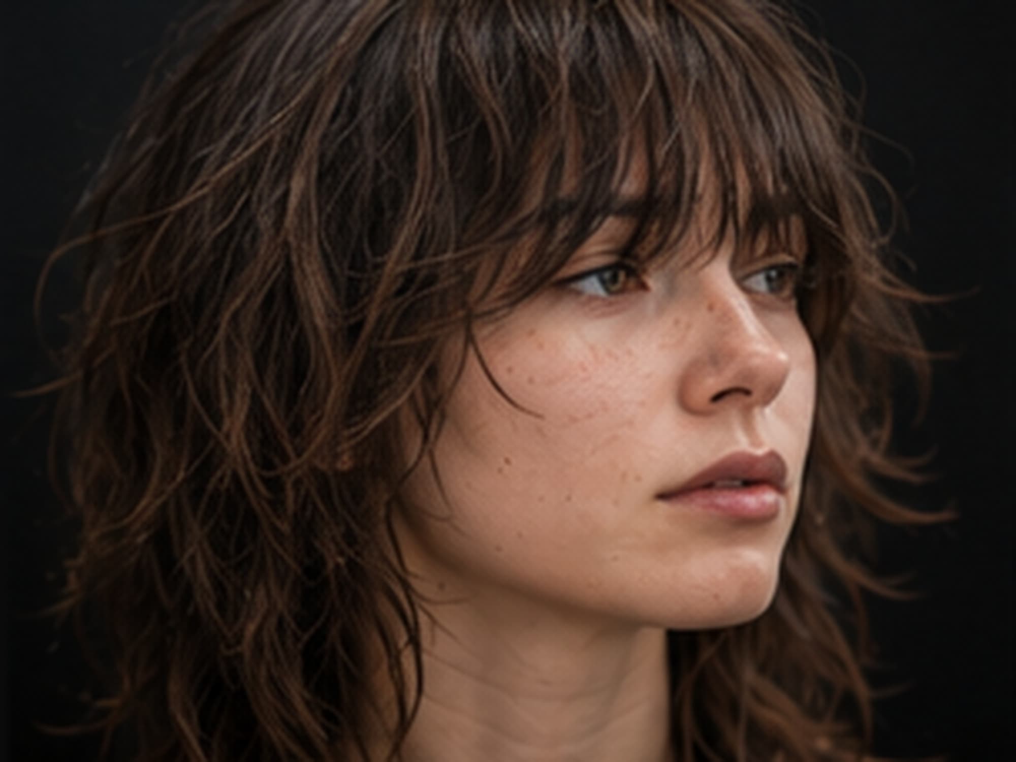 Scissor-cut fringe falling past the brow, dried and unstyled