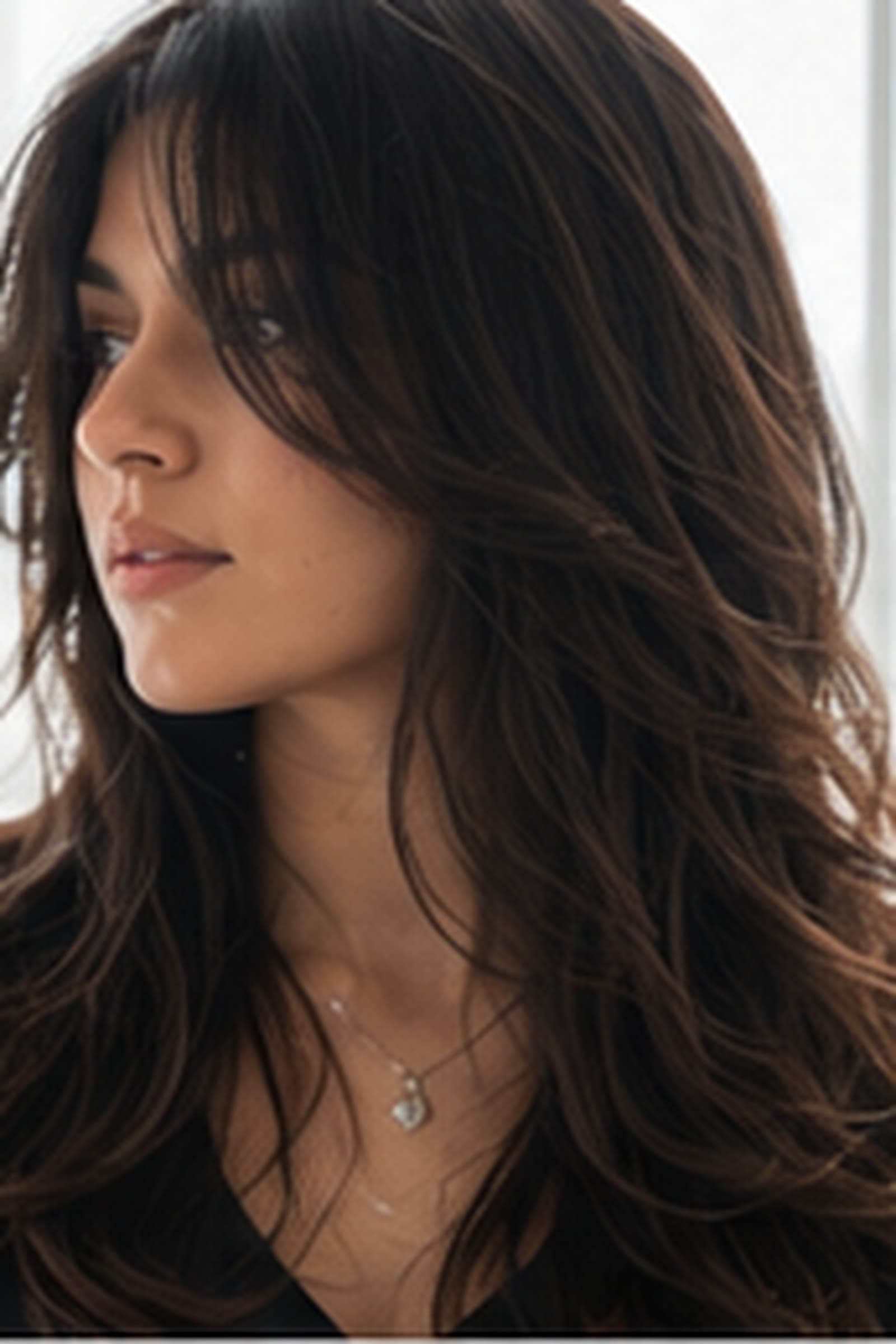 Long layered curtain cut on wavy hair, shot in window light