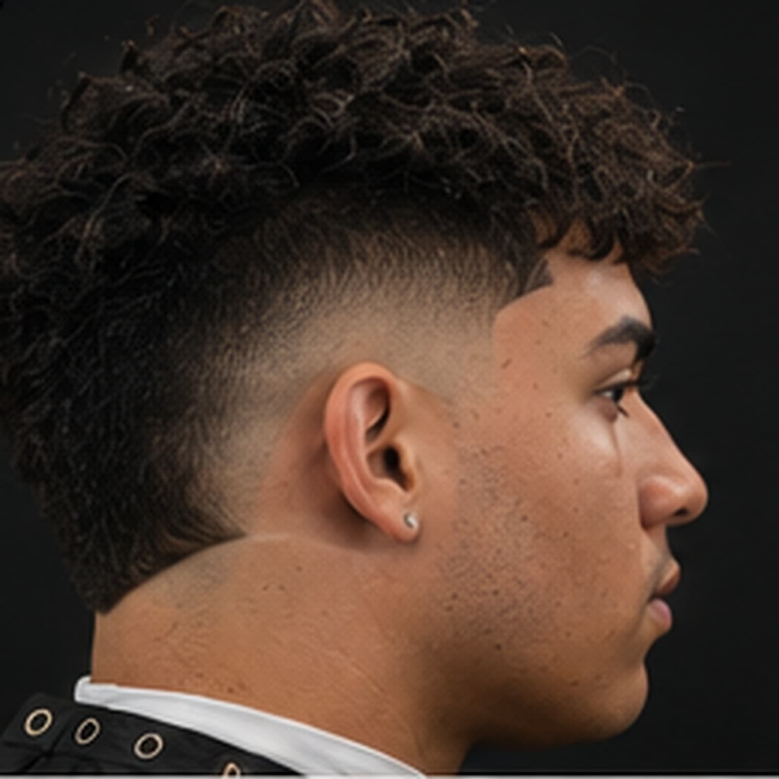 Side profile of a drop fade curving behind the ear with a point-cut top
