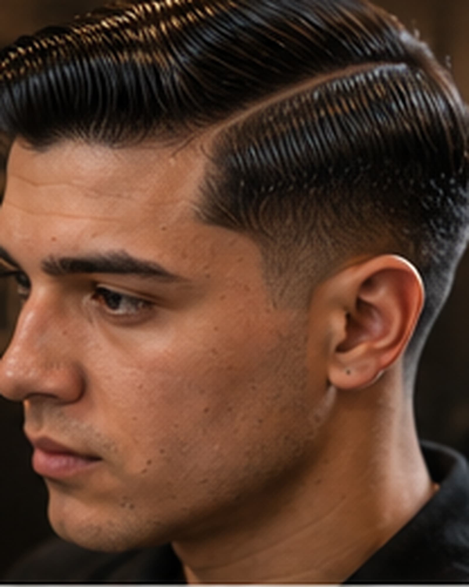 Classic scissor side part with a soft taper, combed and dressed with tonic