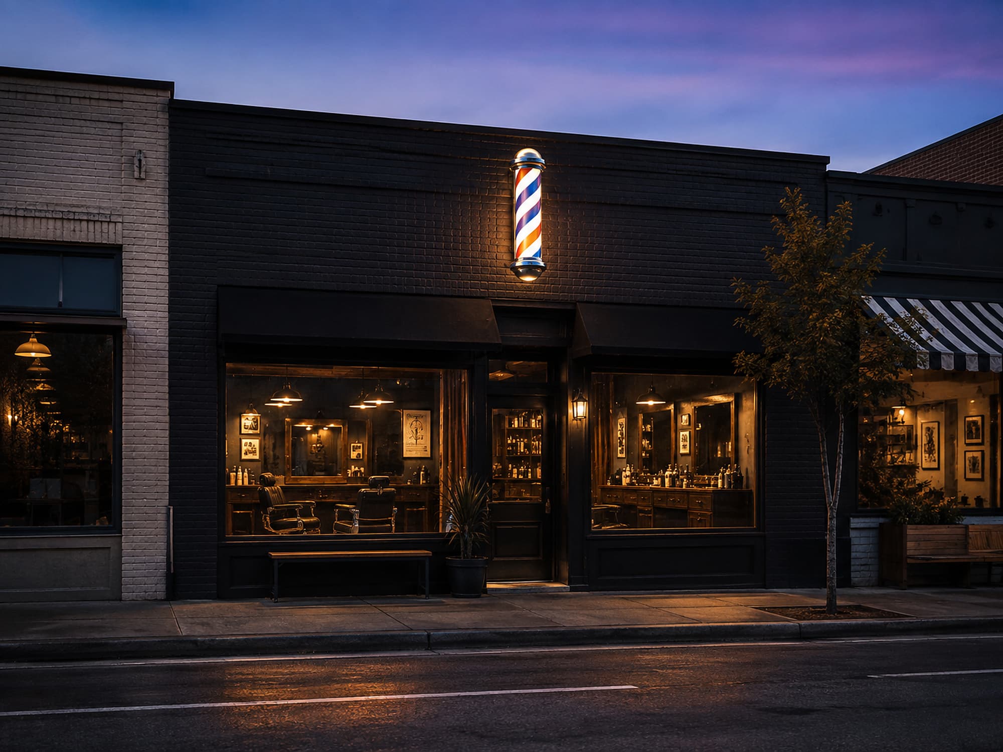 The shopfront on Chapel Street at dusk, sign lit